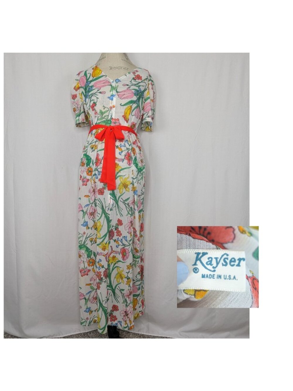 Vintage 70s Kayser Floral Dress Small Sheer White Nylon
